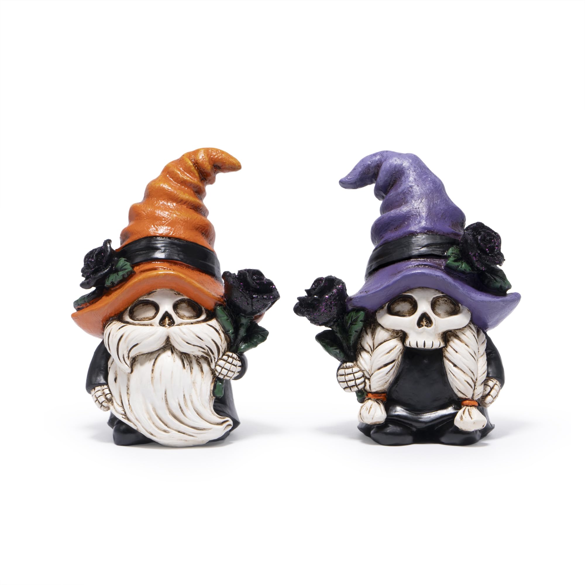Hodao Halloween Gnomes Decorations Indoor, Resin Halloween Skull Head Handmade Figurines with Witch Hat & Rose Decor for Gift Home Bedroom Party Office Table - 2 Pcs, Black Hats